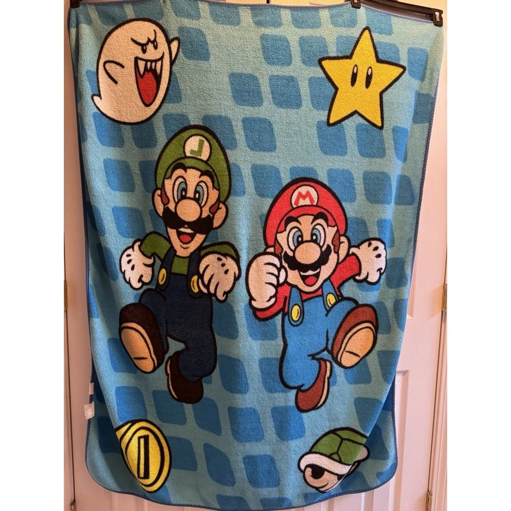 Nintendo Super Mario Luigi Boo Star Blue Fleece Throw Blanket Gaming Decor‎